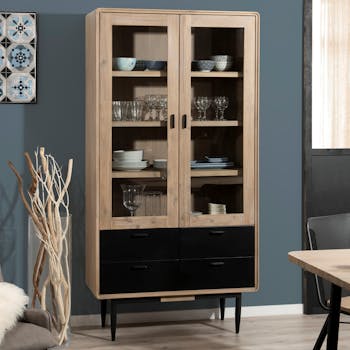 Bibliothèque en Acacia massif couleur naturelle, 2 portes vitrées, 4 tiroirs noirs et pieds métal 100x45x195cm PALMEIRA