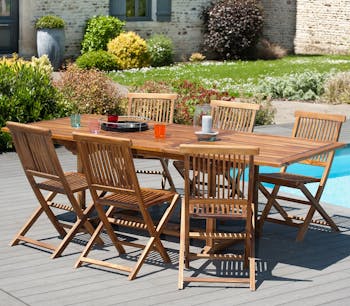 Salon de jardin en teck huilé Table rectangulaire 180/240cm 6 chaises MACAO