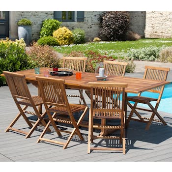 Salon de jardin en teck huilé Table rectangulaire 180/240cm 6 chaises MACAO