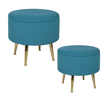 Tabouret pouf rond tissu bleu canard pieds dorés OSLO (lot de 2)