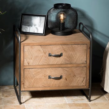 Meuble de chevet 2 tiroirs bois de sapin en marqueterie BOSTON