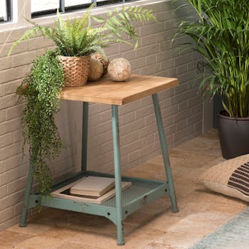 Bout de canapé scandinave bois de sapin piètement vieilli bleu BOSTON