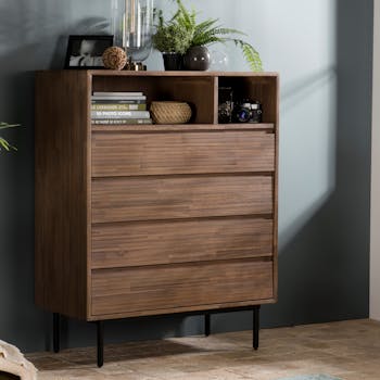 Commode 4 tiroirs 2 niches revêtement acacia motif linéaire SYDNEY