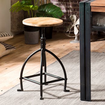 Tabouret industriel bois repose-pieds carré LIVERPOOL
