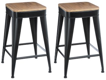 Tabouret industriel métal noir assise naturelle (lot de 2)