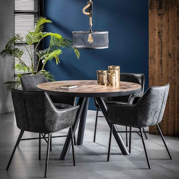 Table à manger ronde teck recyclé lamelles cerclage métal D120 JAVA