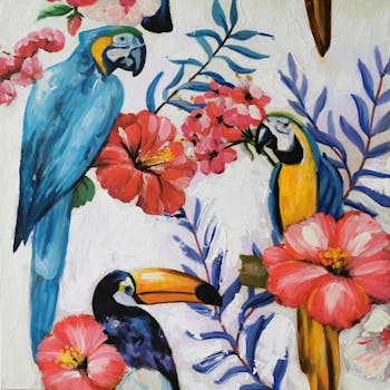 Tableau animaux perroquets, toucans et fleurs