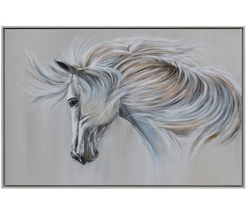 Tableau animaux cheval blanc au vent cadre blanc