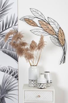 Décoration murale métal bois bouquet de feuillage