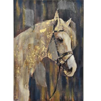 Tableau animaux cheval blanc fond sombre feuilles or jute
