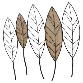 Décoration murale métal bois feuilles alignées