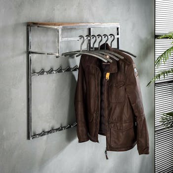 Portemanteau mural bois recyclé brut 14 crochets 1 étagère OMSK