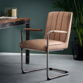 Fauteuil de table coutures verticales piètement luge brun MELBOURNE