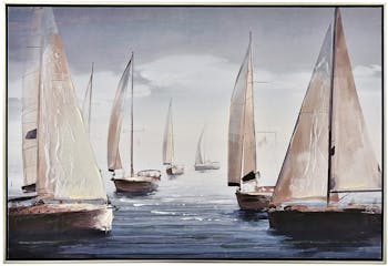 Tableau bateaux blanc et bleu, cadre argent 60x90