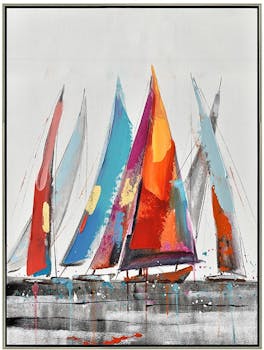 Tableau bateaux multicolores cadre argent 80x60