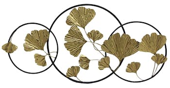 Décoration murale en métal feuilles ginkgo or cerclage noir