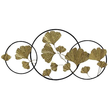 Décoration murale en métal feuilles ginkgo or cerclage noir