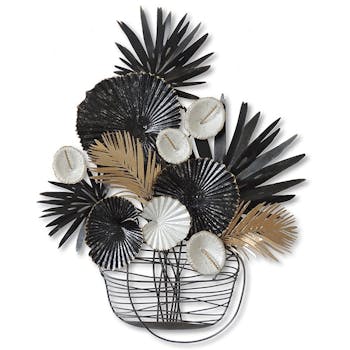 Décoration murale en métal composition feuilles exotiques noir et or