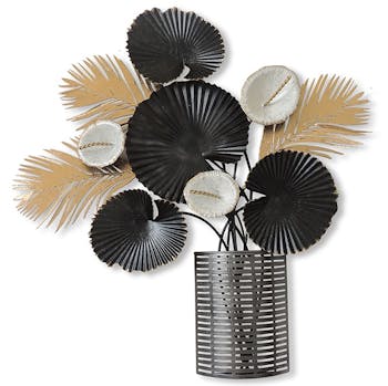 Décoration murale en métal feuillage noir et or vase