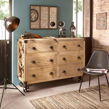 Buffet vintage bois de manguier 6 tiroirs