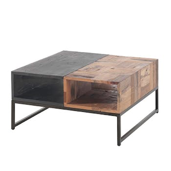 Table basse carrée bois recyclé de bateau métal DUMAI