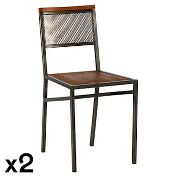 Chaise industrielle métal vieilli teck (lot de 2) CLEVELAND