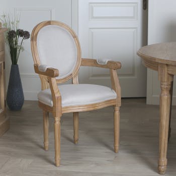 Fauteuil médaillon chêne tissu lin écru MEDICIS