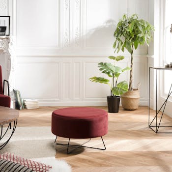 Pouf en velours bordeaux pieds croisés TIM