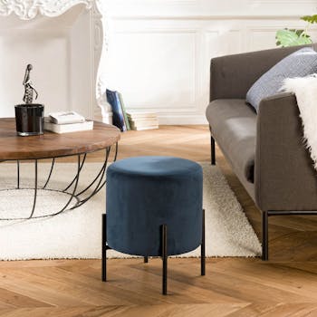 Petit tabouret en velours bleu nuit TIM