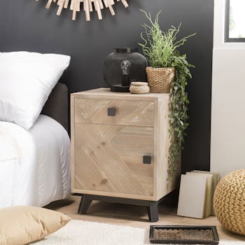 Table de chevet en bois blanchi 1 porte 1 tiroir PHOENIX