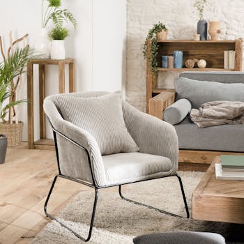 Fauteuil gris perle en velours côtelé TIM
