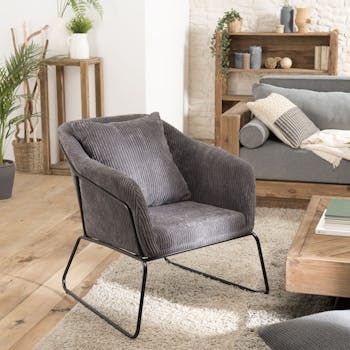 Fauteuil gris anthracite en velours côtelé TIM