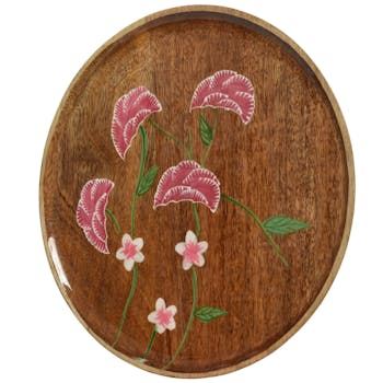 Plateau rond en bois de manguier décor floral