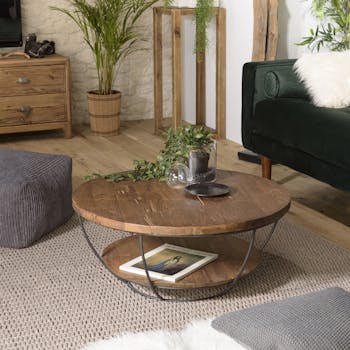 Table basse ronde teck recyclé et métal double plateau D80cm SWING