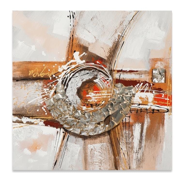 ABSTRAIT 100x100 Peinture acrylique carrée Beige et Marron avec éléments de métal