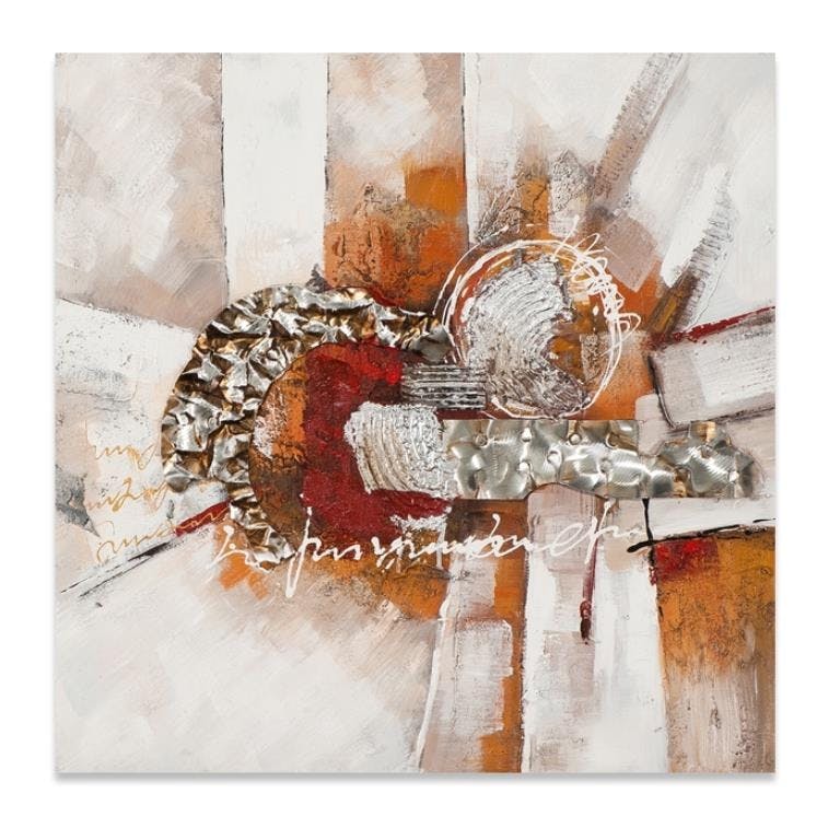 ABSTRAIT 100x100 Peinture acrylique carrée Marron et Rouge avec éléments de métal