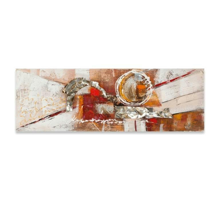 ABSTRAIT 150x50 Peinture acrylique rectangle Marron et Rouge avec éléments de métal