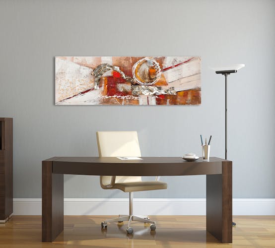 ABSTRAIT 150x50 Peinture acrylique rectangle Marron et Rouge avec éléments de métal
