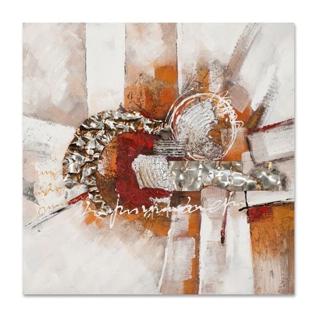 Abstrait 70x70 Peinture Acrylique Carre Beige Orange Et Metal Tableaux Toiles Pier Import