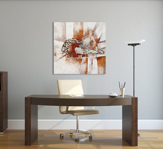 ABSTRAIT 70x70 Peinture acrylique carré Beige, Orange et Métal