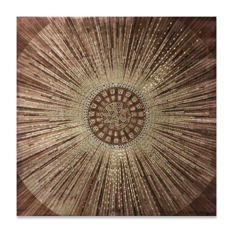 ABSTRAIT 90x90 Peinture acrylique carrée Marron et Doré avec éléments de métal