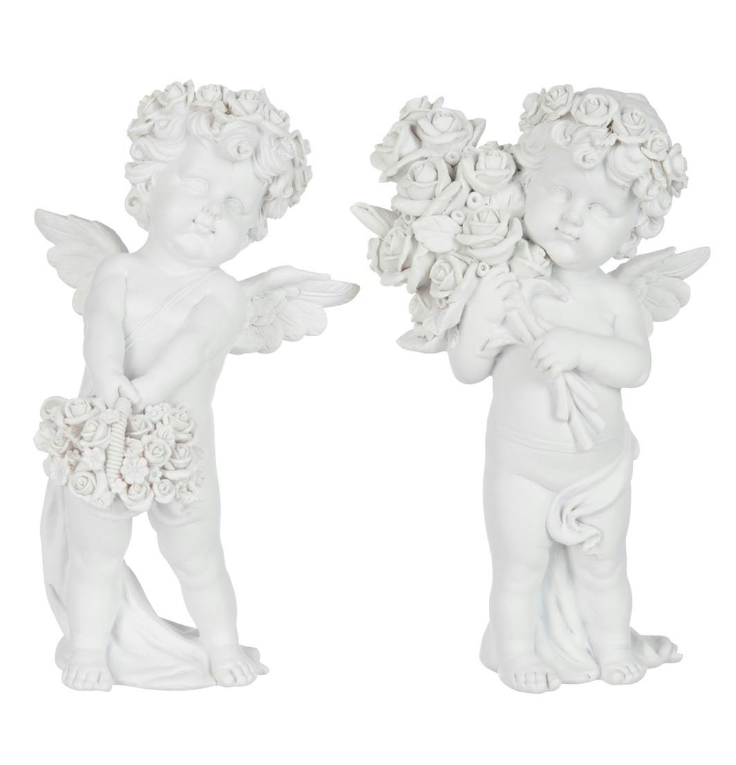 Ange debout (unité) en résine blanche avec bouquet de roses 13x13x23cm