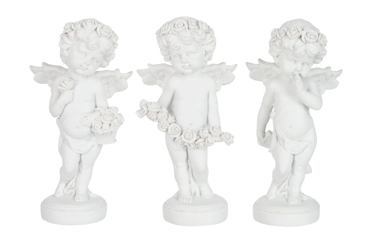 Ange debout (unité) en résine blanche avec fleurs 8x6x15cm