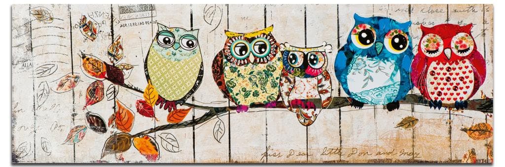 ANIMAUX Toile Animaux panorama Multicolore Acrylique 90x30 - Hiboux