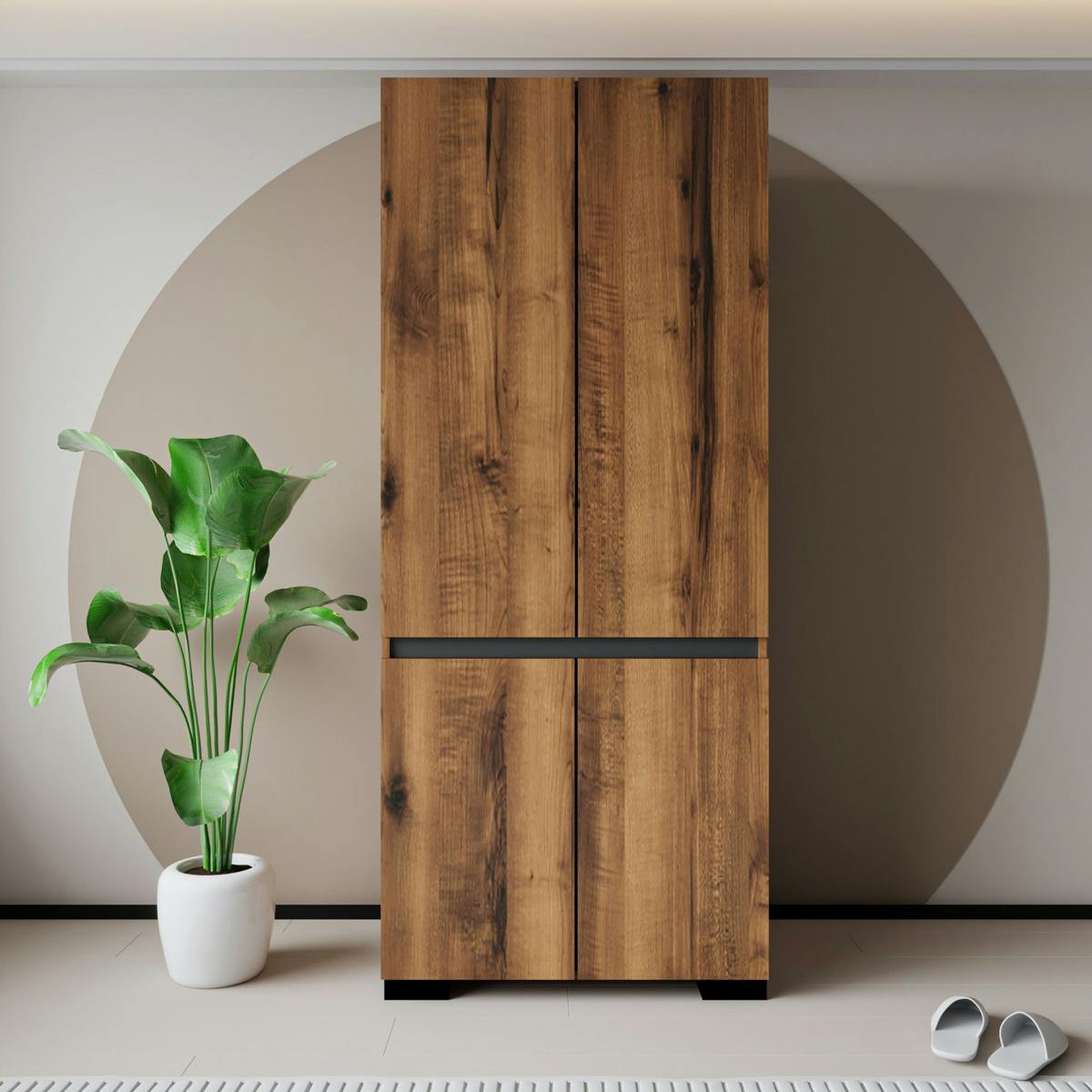 Armoire 2 portes effet noyer détail gris, 5 étagères BYRON