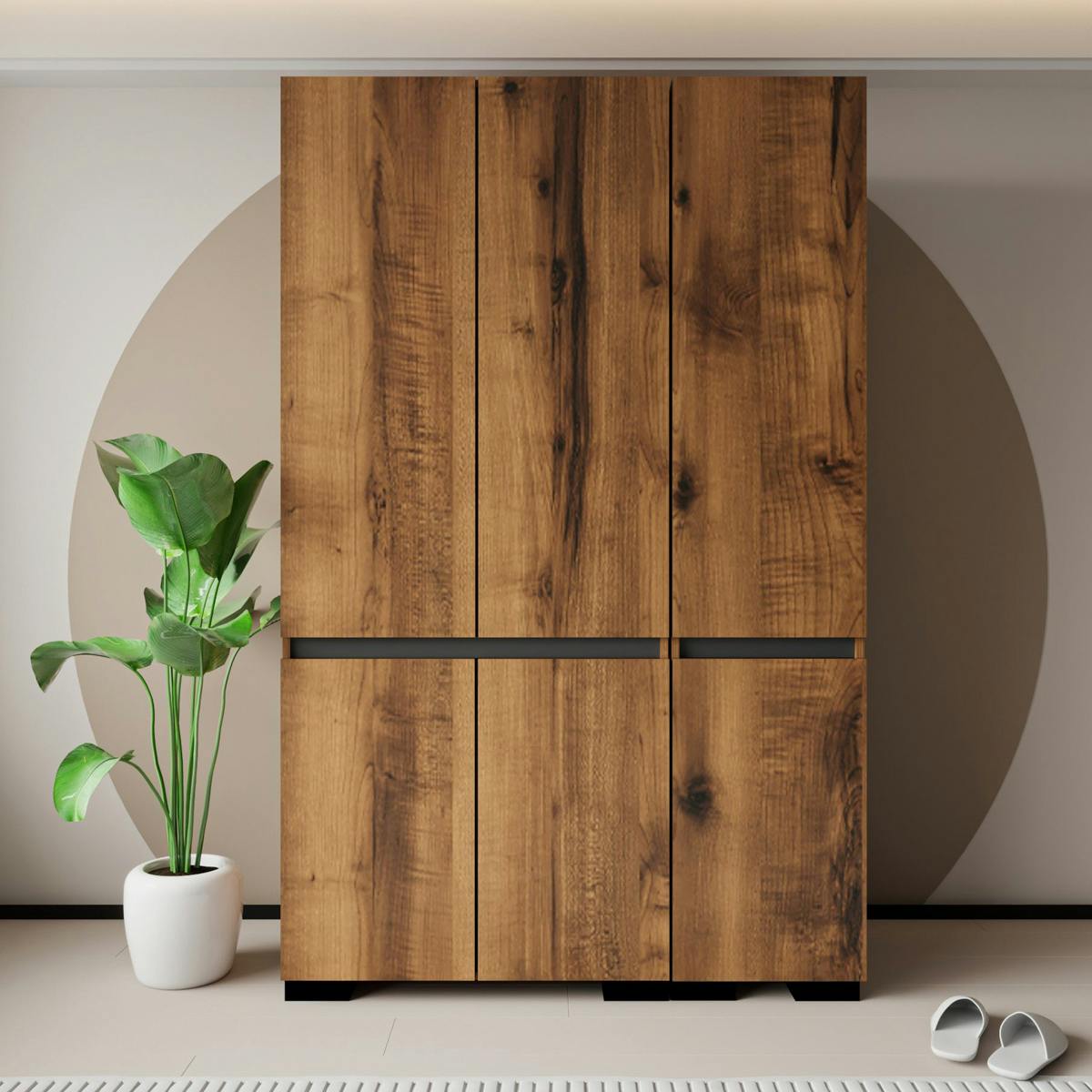 Armoire 3 portes effet noyer détail gris 10 étagères BYRON