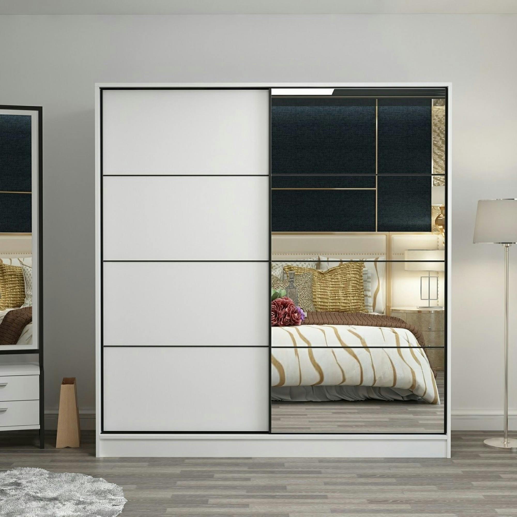 Armoire blanche 2 portes coulissantes, 1 miroir BYRON