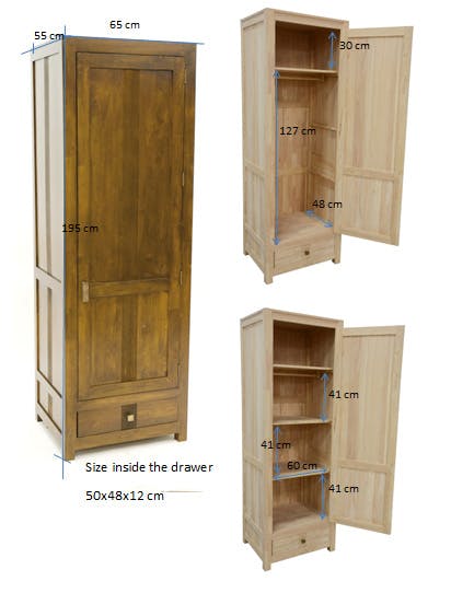 Armoire Bonnetière Hévéa 1 porte, 1 tiroir 65x55x195cm GALA