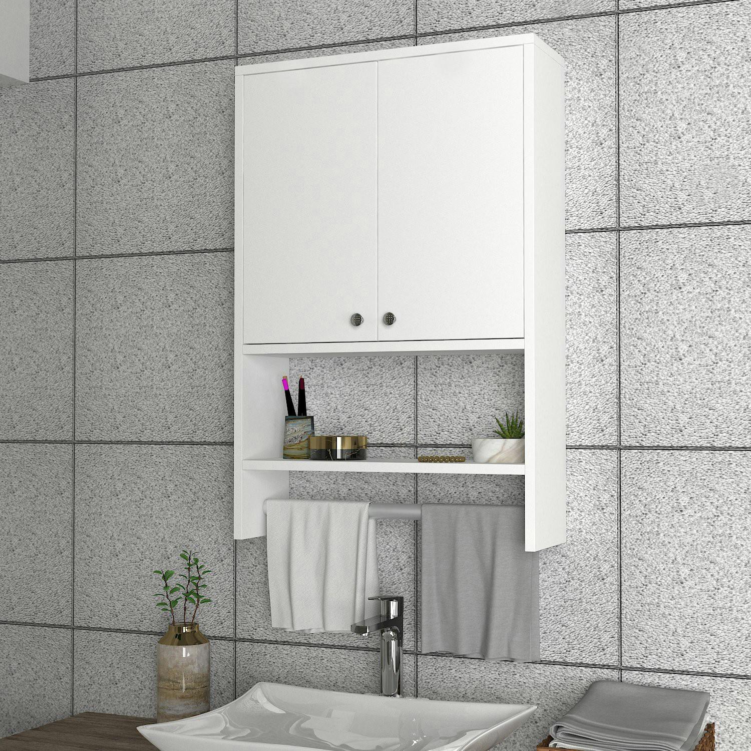 Armoire de toilette blanche 2 portes, porte-serviettes MARFA