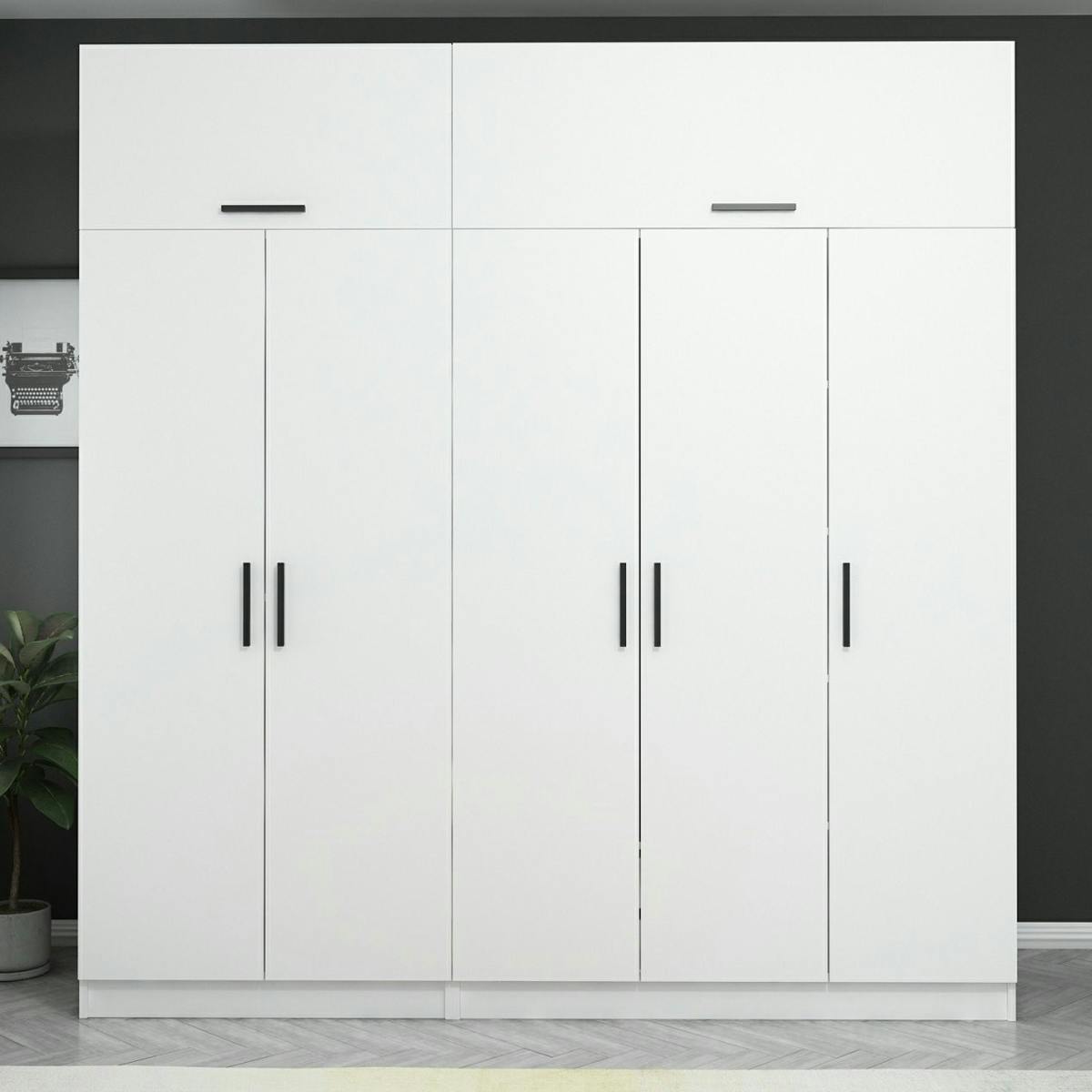 Armoire dressing blanche 7 portes vitrées 5 portants BYRON